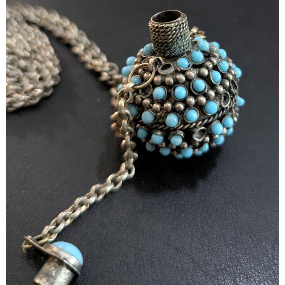 Vtg Turquoise Snuff Scent Bottle Necklace Tibetan Silver Perfume Poison Pendant - Picture 8 of 12